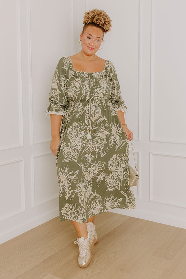 Sunflower Fields Smocked Midi Dress in Olive Curves Image 5