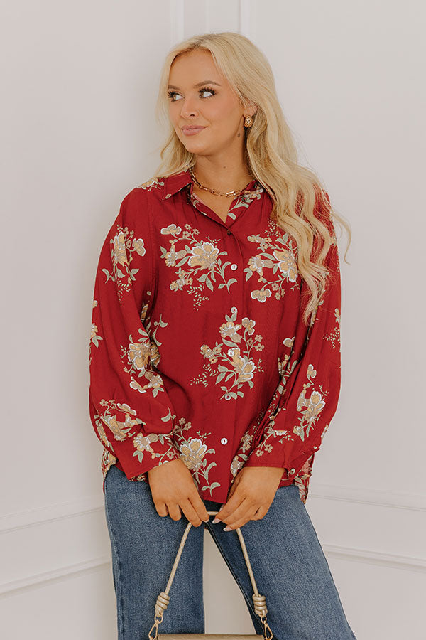 Harvest Bloom Floral Button Up Top in Brick Red Image 3