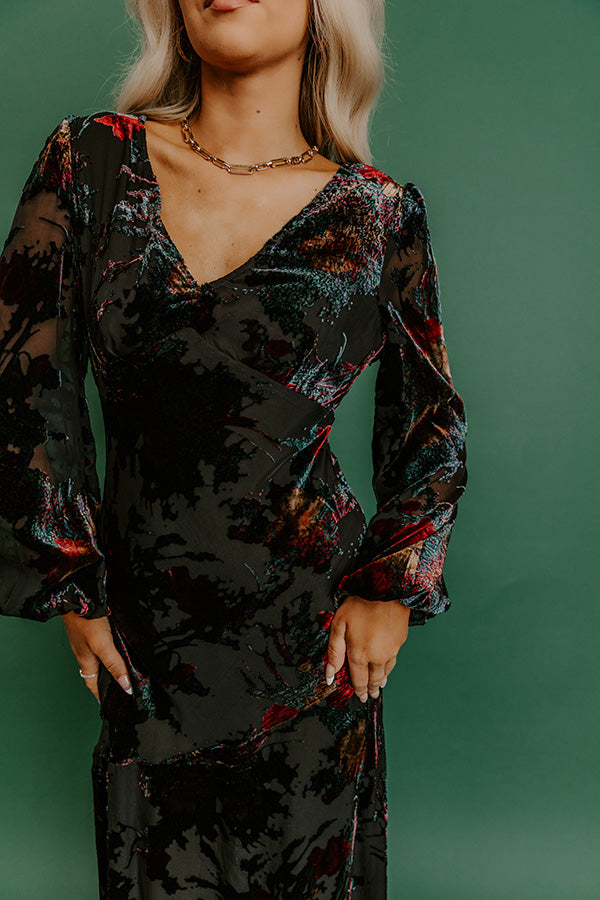 Poised Romance Floral Velvet Burnout Maxi Dress in Black Image 5