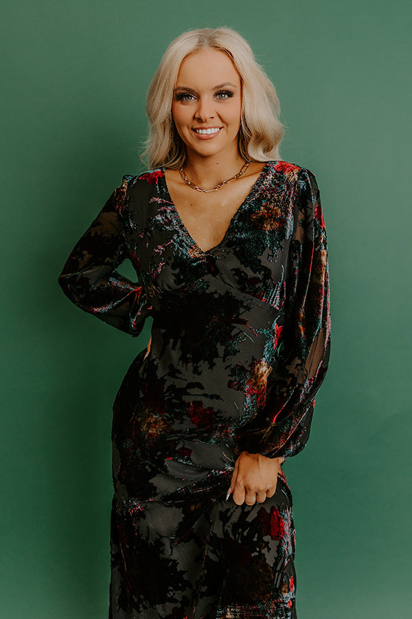 Poised Romance Floral Velvet Burnout Maxi Dress in Black Image 3