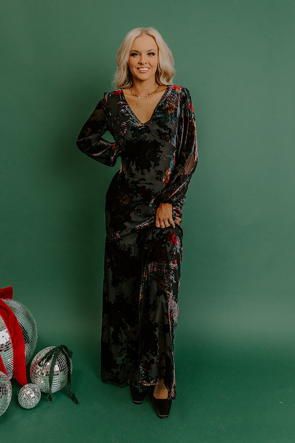 Poised Romance Floral Velvet Burnout Maxi Dress in Black Image 1