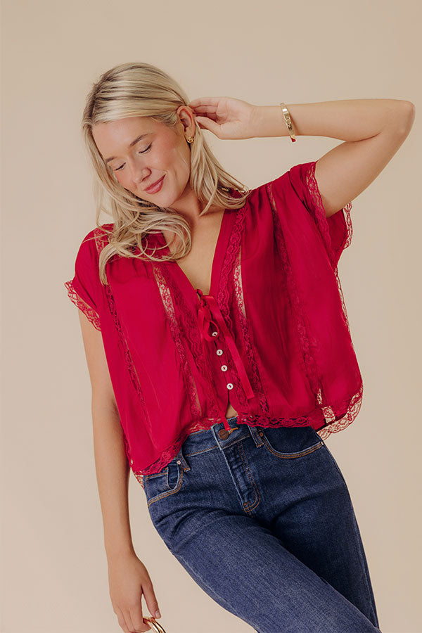 Femme Fatale Satin Lace Trim Top in Wine Image - 4