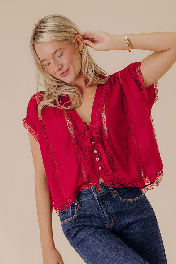 Femme Fatale Satin Lace Trim Top in Wine Image - 1