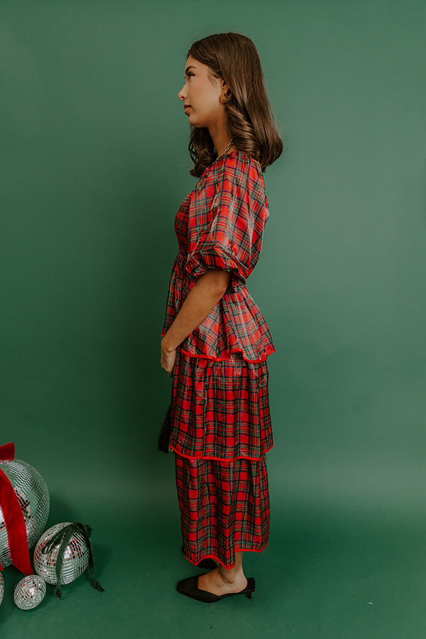 Plaid and Promises Satin Tiered Midi Dress Image - 5