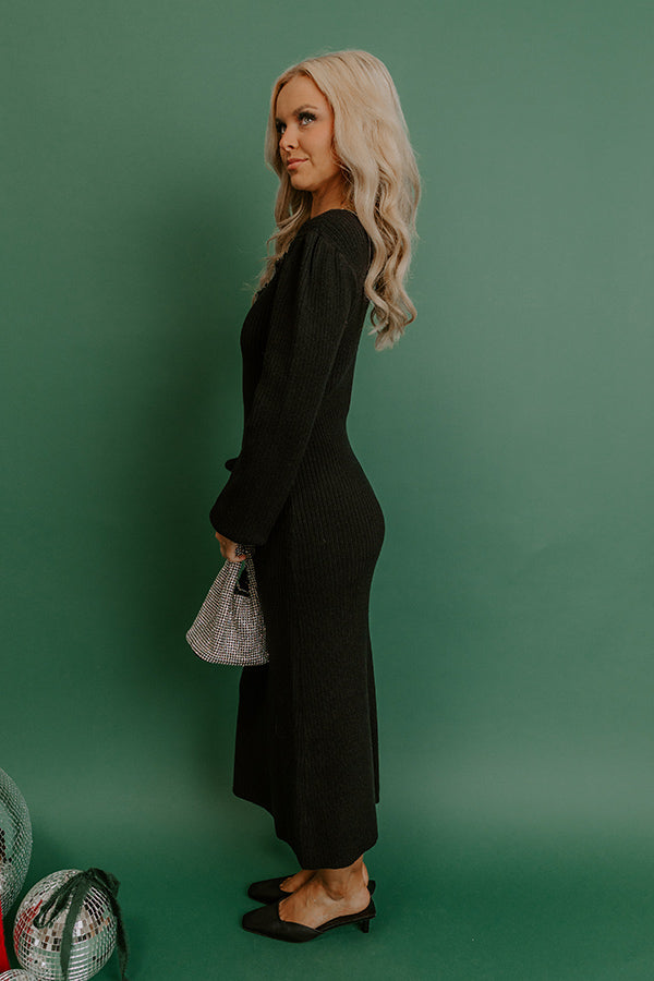 Darling Detail Knit Sweater Midi Dress in Black Image - 4