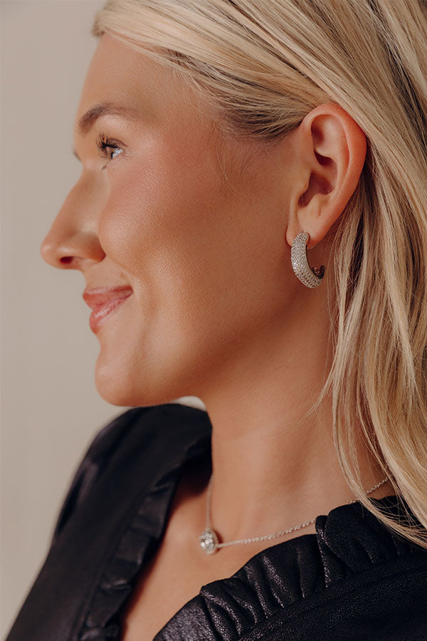 Glistening Smile Pave Hoop Earrings in Silver