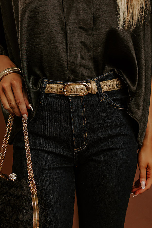 Uptown Muse Faux Leather Snake Print Belt in Gold