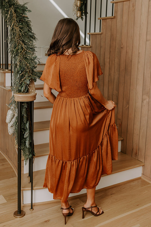 Storybook Charm Smocked Satin Midi Dress in Copper Image - 4