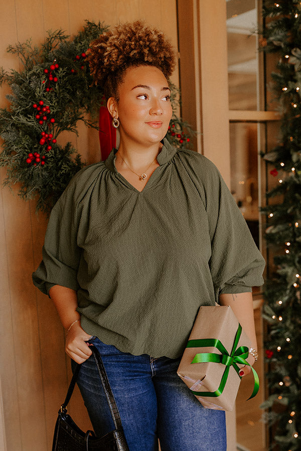 Dinner In Soho Scalloped Top in Olive Curves Image - 1
