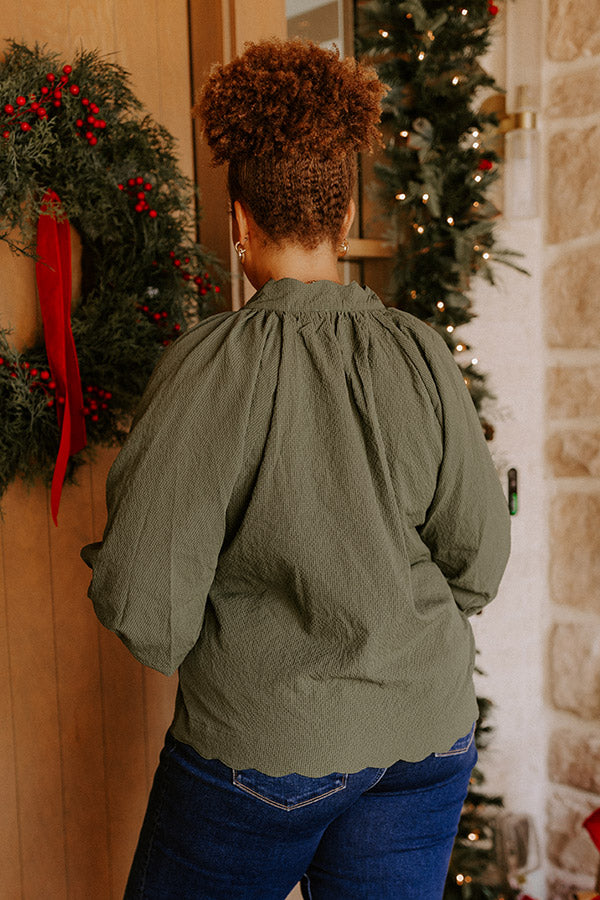 Dinner In Soho Scalloped Top in Olive Curves Image - 4