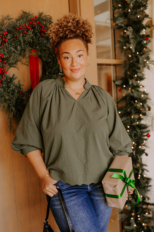 Dinner In Soho Scalloped Top in Olive Curves Image - 3