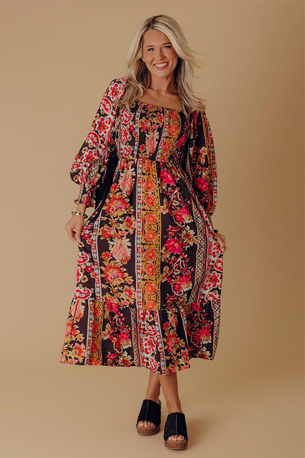 Boheme Whisper Floral Midi Dress in Black Image - 1