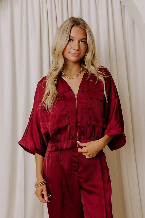 Perfectly Polished Satin Zip Up Top in Merlot