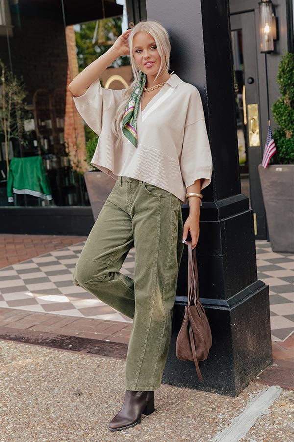 RISEN Cora High Waist Corduroy Barrel Leg Pants in Olive