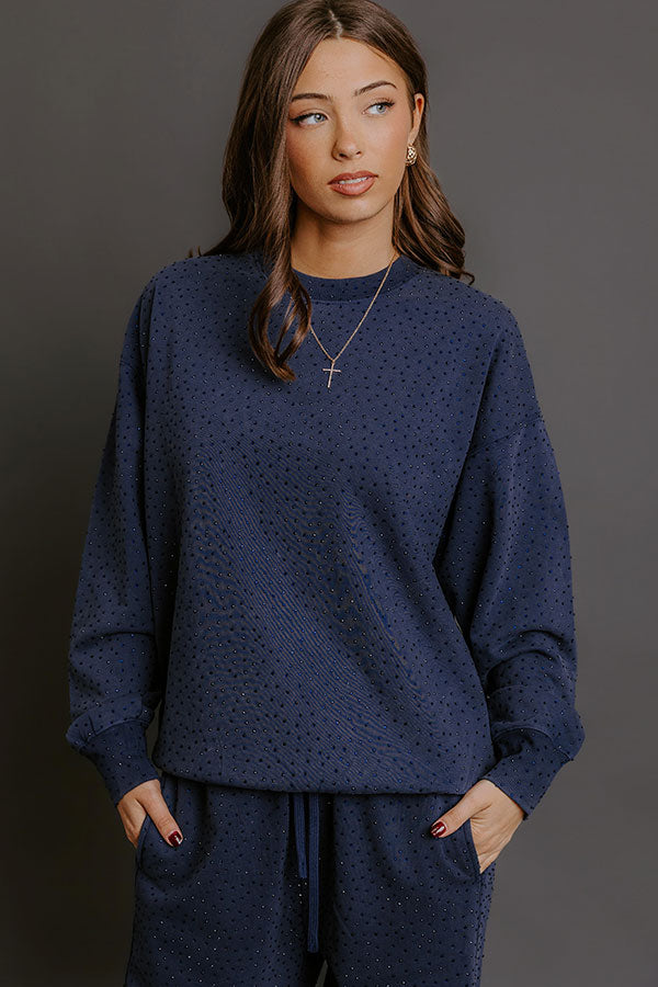 Sparkling Personality Embellished Sweatshirt in Navy Image - 1