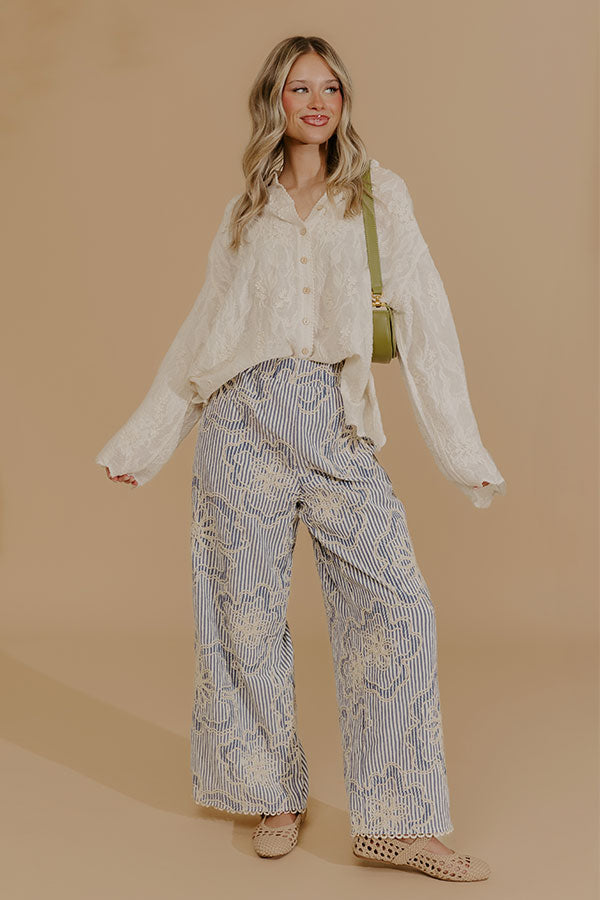 Coastal Charm High Waist Floral Embroidered Pants Image - 2