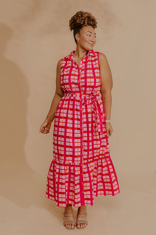 Boardwalk Stroll Plaid Maxi Dress in Hot Pink Curves Image - 1
