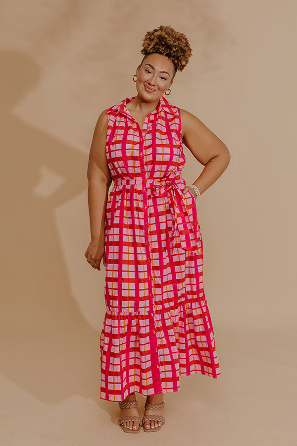 Boardwalk Stroll Plaid Maxi Dress in Hot Pink Curves Image - 2