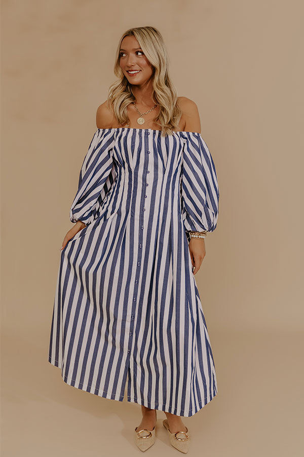 Modern Lines Off Shoulder Stripe Midi Dress Image - 2