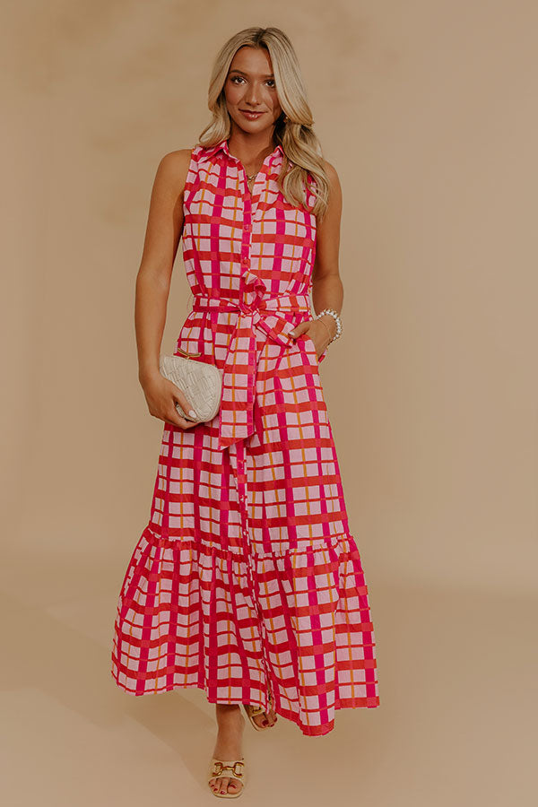 Boardwalk Stroll Plaid Maxi Dress in Hot Pink Image - 1