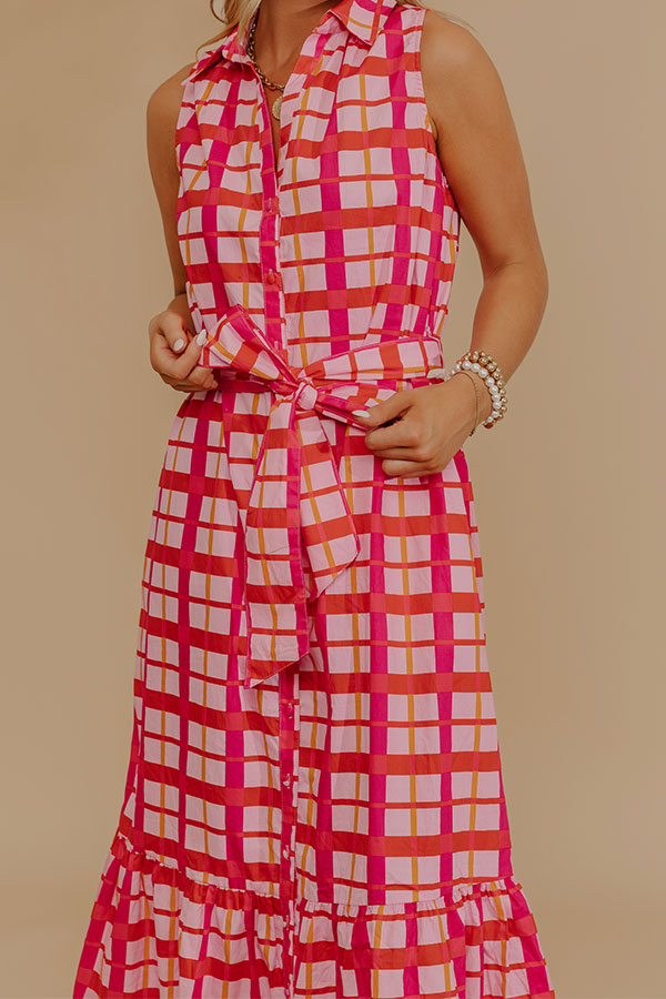 Boardwalk Stroll Plaid Maxi Dress in Hot Pink Image - 3