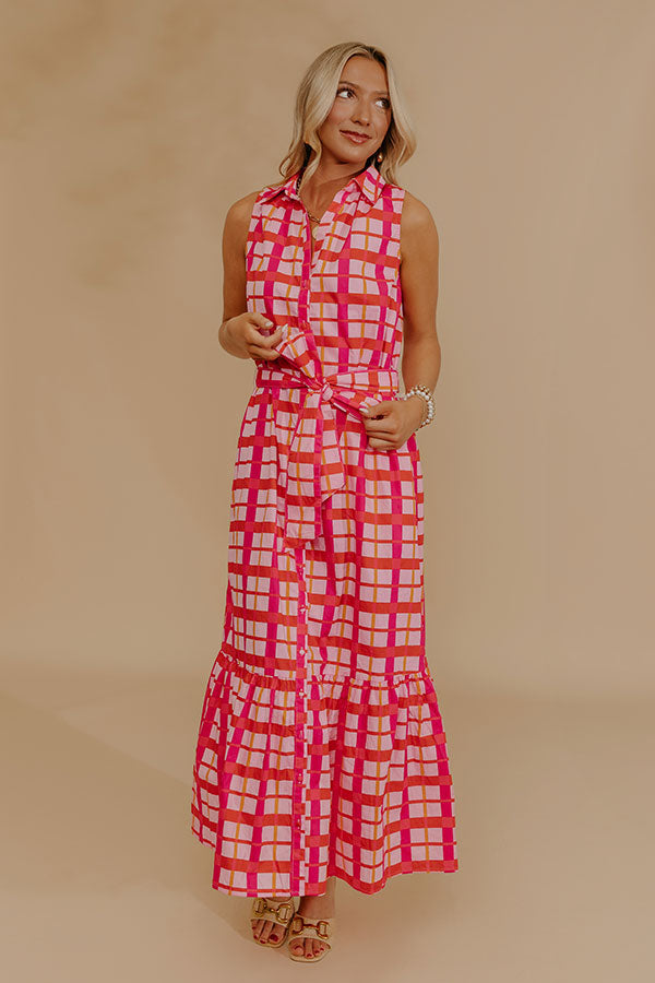 Boardwalk Stroll Plaid Maxi Dress in Hot Pink Image - 2