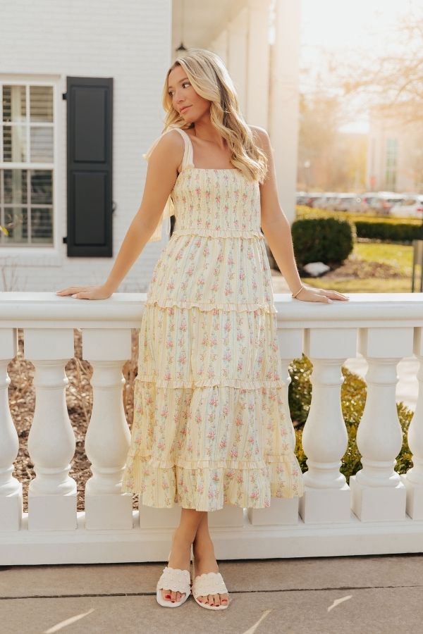 Prairie Bloom Floral Tiered Midi Dress in Yellow Image - 1