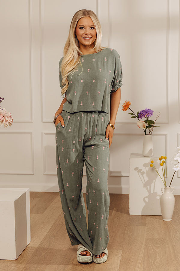 Palm Tree Paradise High Waist Embroidered Wide Leg Pants