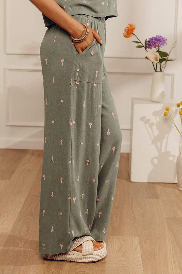 Palm Tree Paradise High Waist Embroidered Wide Leg Pants Image - 3