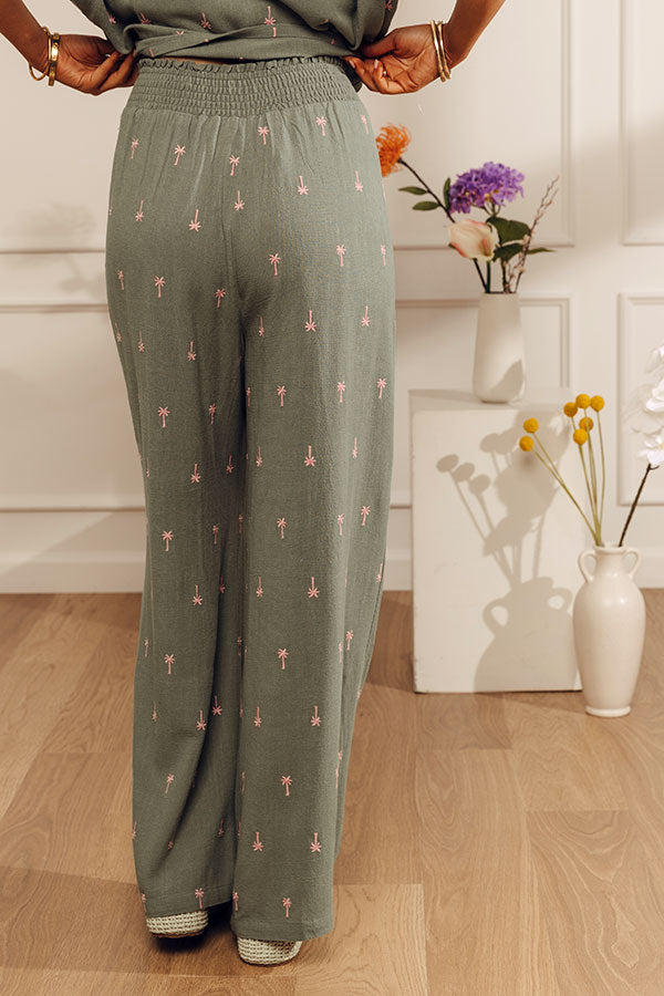 Palm Tree Paradise High Waist Embroidered Wide Leg Pants Image - 4