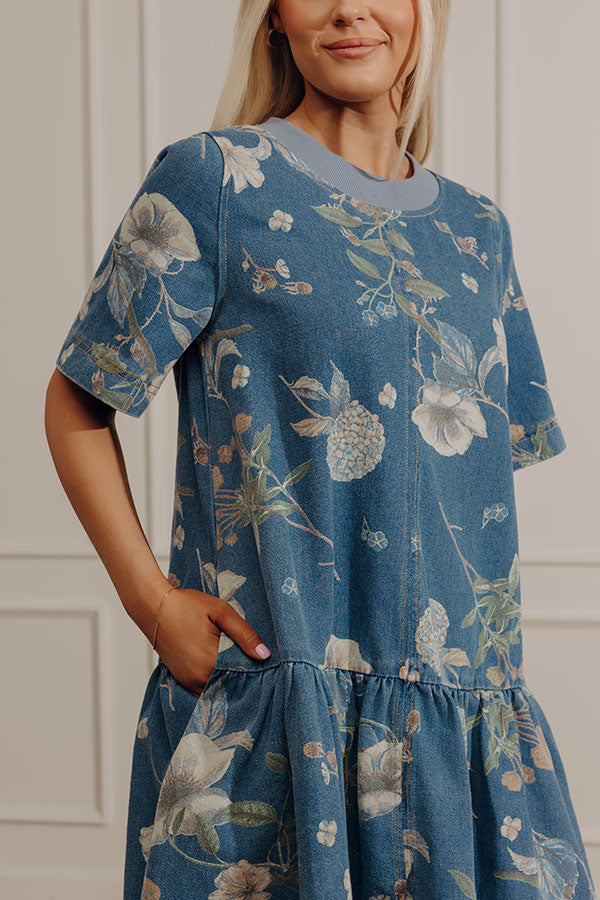 Hydrangea Happiness Floral Denim Mini Dress Image - 4