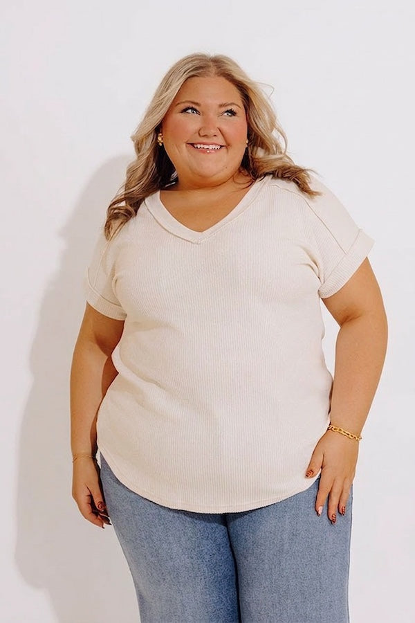 Casual Brunch Ribbed Top in Cream Curves Image - 2