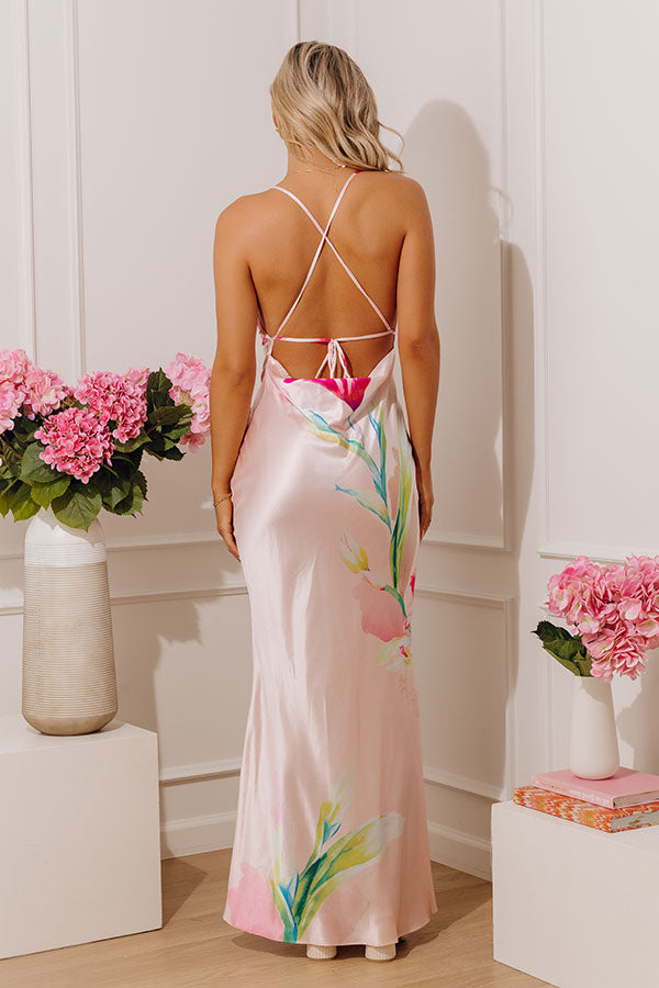 Watercolor Lilies Floral Satin Maxi Dress Image - 4