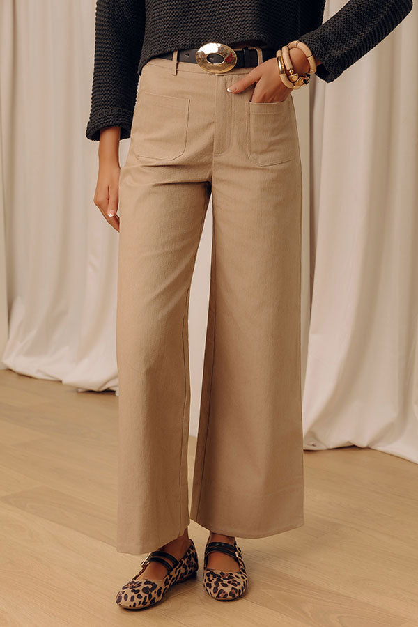 The Elena High Waist Twill Wide Leg Pants in Iced Latte