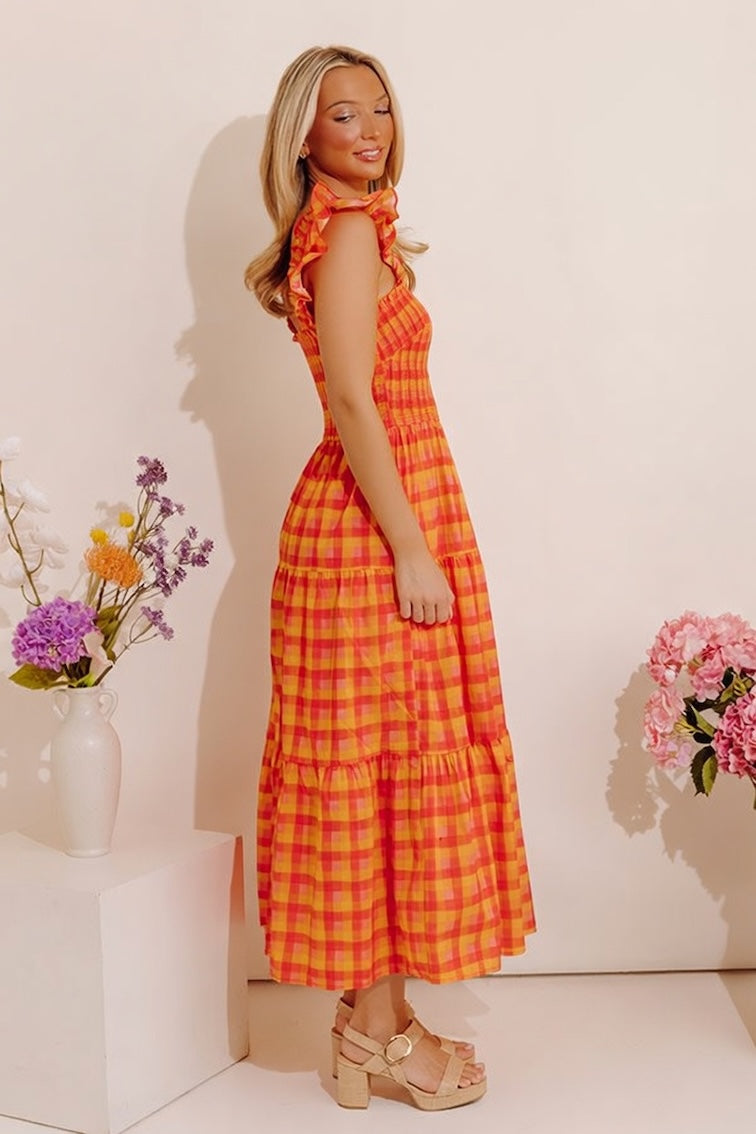 Sunburst Chic Gingham Midi Dress Image - 3