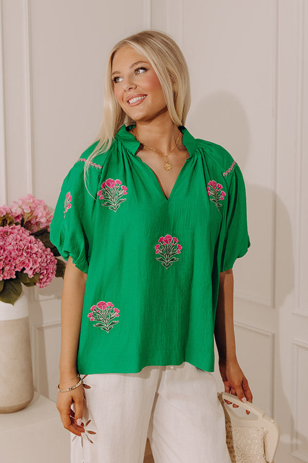 Bloom And Grace Floral Embroidered Top in Kelly Green Image - 2