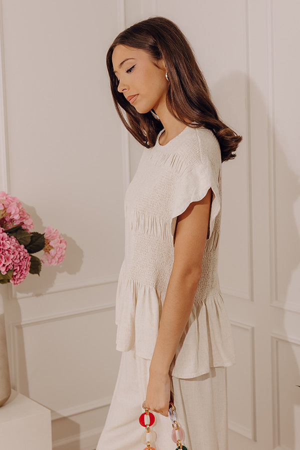 Seaside Bistro Linen-Blend Smocked Top in Oatmeal Image - 3