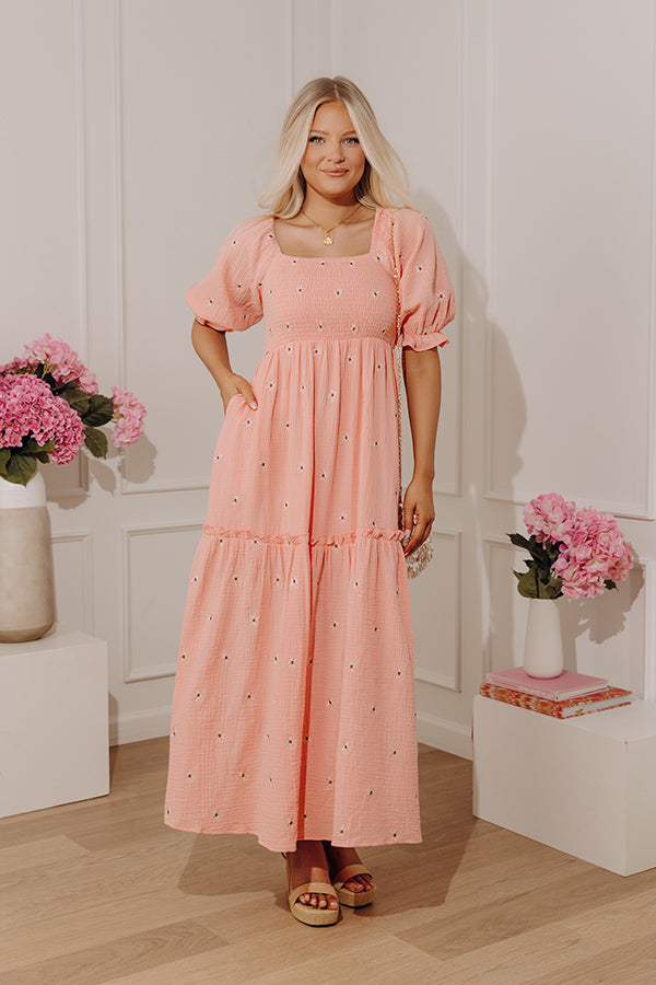 Vineyard Lounge Floral Embroidered Midi Dress in Peach Image - 1