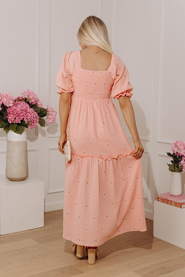 Vineyard Lounge Floral Embroidered Midi Dress in Peach Image - 5