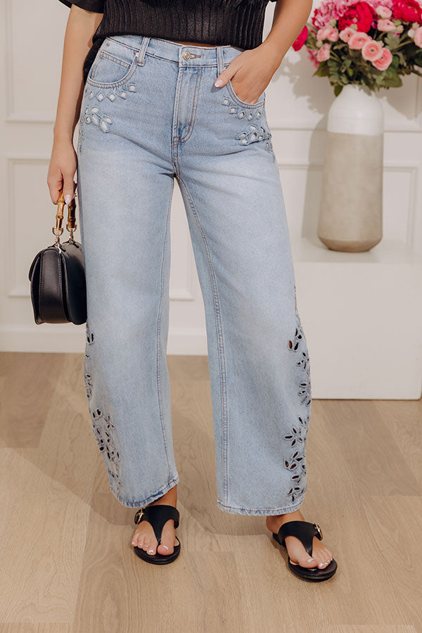 The Lucia High Waist Embroidered Barrel Leg Jean in Light Wash
