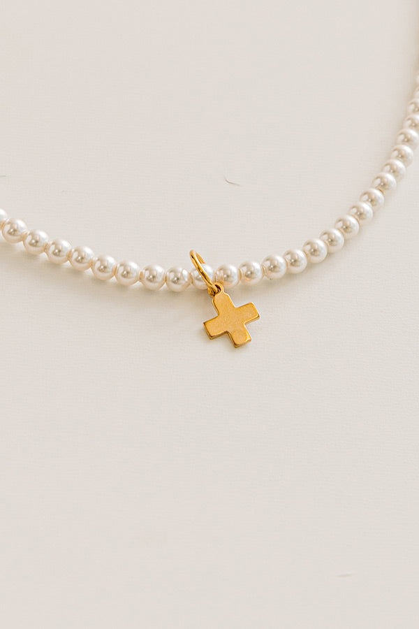 Enewton Classic Pearl 3mm Signature Cross Gold Charm Choker in 17 inches