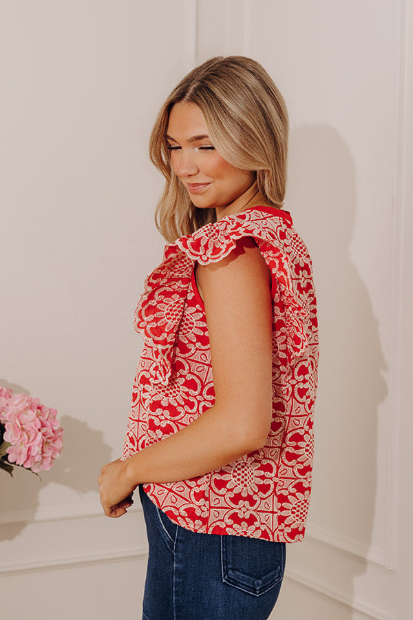 Positano Muse Floral Embroidered Top in Red Image - 3