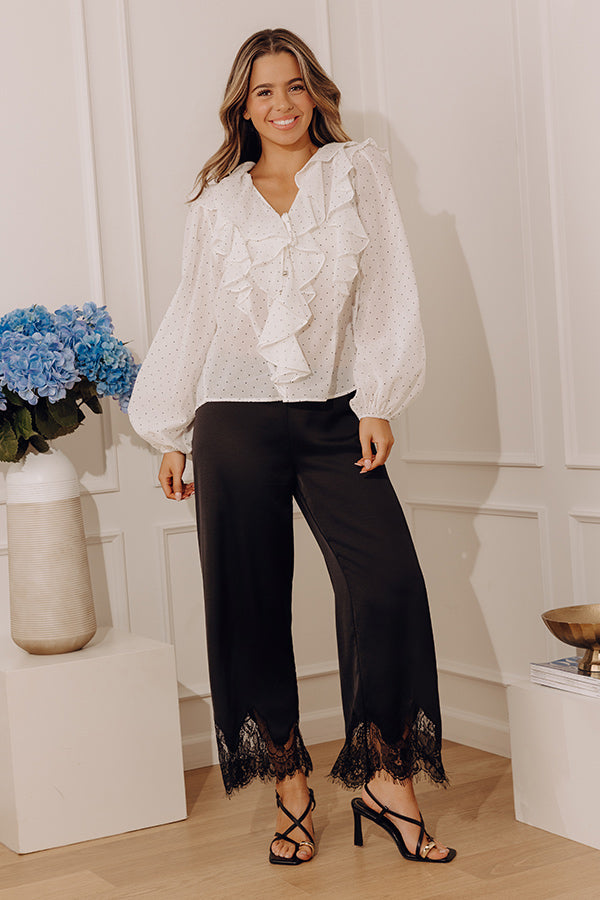 The Arabella Midrise Satin Lace Trim Pants in Black Image - 1