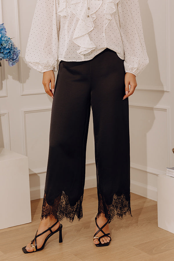 The Arabella Midrise Satin Lace Trim Pants in Black Image - 3