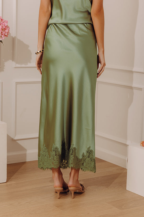 Opulent Ease High Waist Satin Lace Trim Midi Skirt in Sage Image - 4
