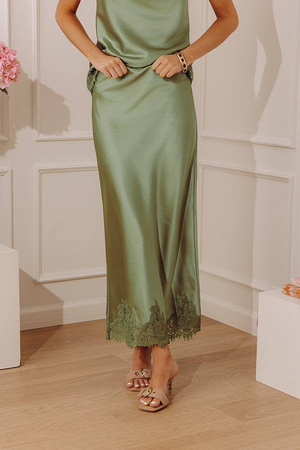 Opulent Ease High Waist Satin Lace Trim Midi Skirt in Sage Image - 2