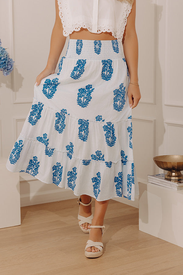 Countryside Muse High Waist Floral Midi Skirt in Sky Blue