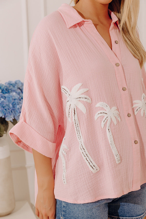 Palm Paradise Embroidered Oversized Gauze Button Up Top Image - 2