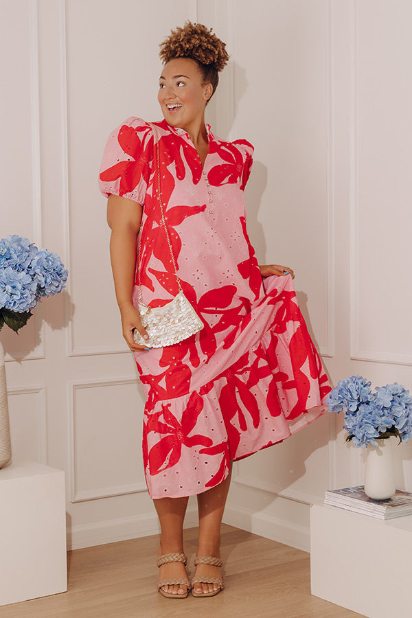 Brunch On Bloom Floral Eyelet Midi Dress in Pink Curves Image - 3