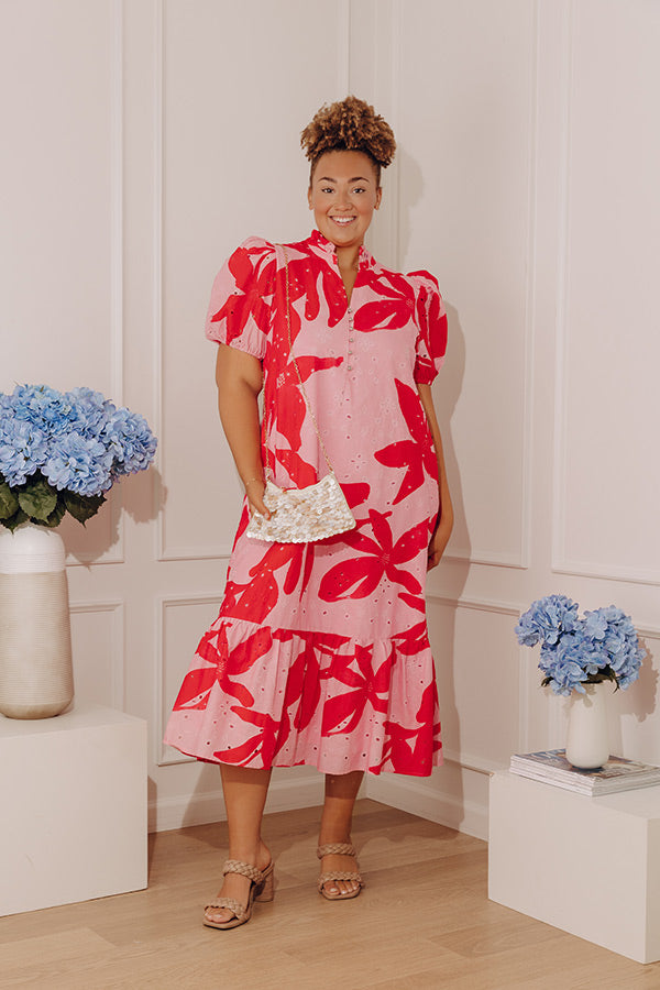 Brunch On Bloom Floral Eyelet Midi Dress in Pink Curves Image - 1